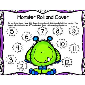 Go Away Green Monster Roll and Color Math Activity